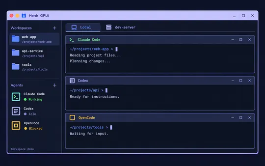 Herdr GPUI 工作区示意图